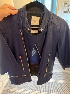 Each x Other Paris Blue Leather Moto Jacket Cropped Biker Jacket Size 4